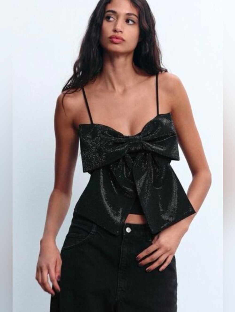Zara Black Rhinestone Oversized Bow Party Top Holiday Party Size Small